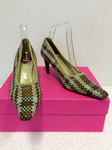 MULBERRY DUCK EGG & BROWN LEATHER WEAVE HEELS SIZE 6/39.5