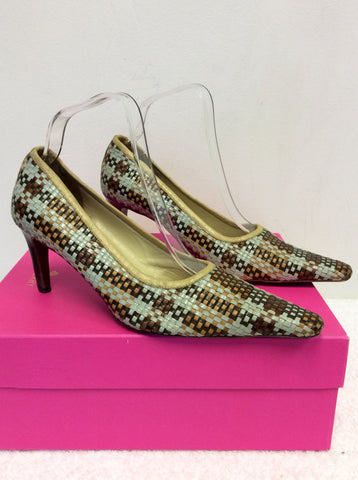 MULBERRY DUCK EGG & BROWN LEATHER WEAVE HEELS SIZE 6/39.5