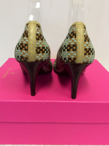 MULBERRY DUCK EGG & BROWN LEATHER WEAVE HEELS SIZE 6/39.5