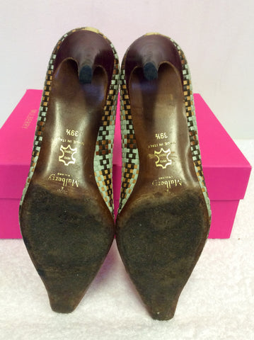 MULBERRY DUCK EGG & BROWN LEATHER WEAVE HEELS SIZE 6/39.5