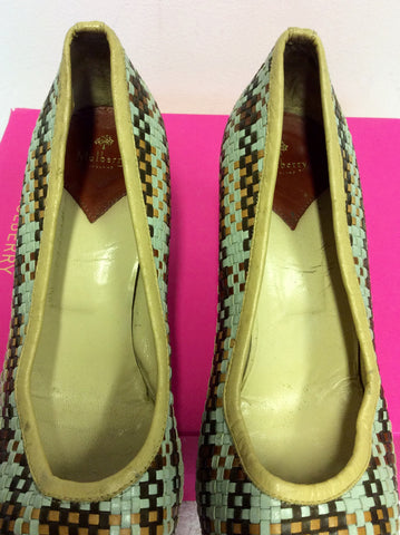 MULBERRY DUCK EGG & BROWN LEATHER WEAVE HEELS SIZE 6/39.5