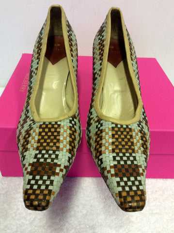 MULBERRY DUCK EGG & BROWN LEATHER WEAVE HEELS SIZE 6/39.5