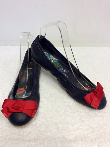 JOULES DARK BLUE & RED BOW TRIM LEATHER BALLERINA FLATS SIZE 5.5