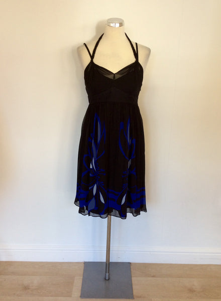Karen Millen Black & Blue Print Silk Strappy Dress Size 10