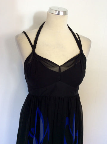 Karen Millen Black & Blue Print Silk Strappy Dress Size 10