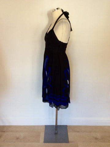Karen Millen Black & Blue Print Silk Strappy Dress Size 10