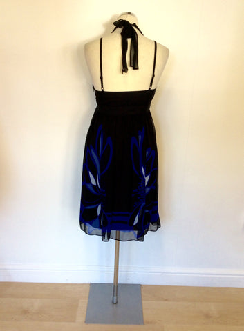 Karen Millen Black & Blue Print Silk Strappy Dress Size 10