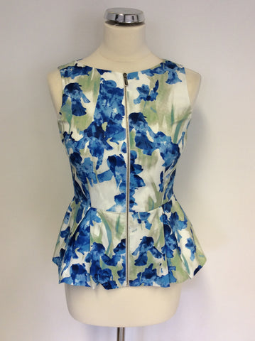 KAREN MILLEN TURQOUISE & WHITE PRINT ZIP UP TOP SIZE 10