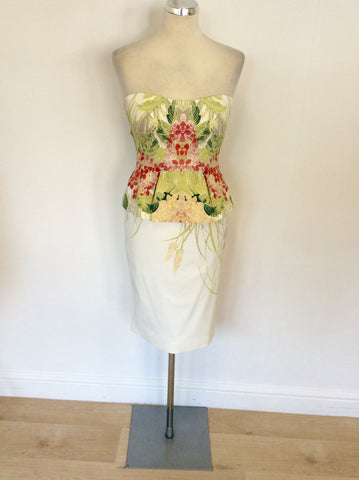 KAREN MILLEN WHITE FLORAL PRINT STRAPLESS DRESS SIZE 10