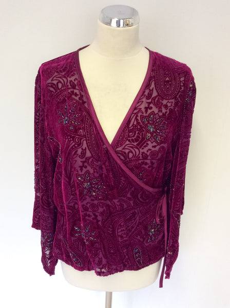 EAST DARK PINK SILK & VELVET BEADED & SEQUINED WRAP AROUND TOP SIZE 18