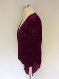 EAST DARK PINK SILK & VELVET BEADED & SEQUINED WRAP AROUND TOP SIZE 18
