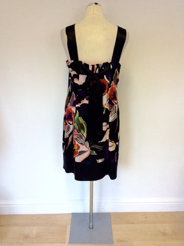 TED BAKER BLACK & MULTI COLOURED FLORAL PRINT SILK DRESS SIZE 3 UK 12