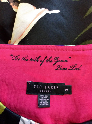 TED BAKER BLACK & MULTI COLOURED FLORAL PRINT SILK DRESS SIZE 3 UK 12