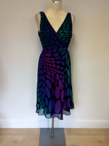 HOBBS PURPLES,PINK & GREENS SPOTTED SILK DRESS SIZE 14