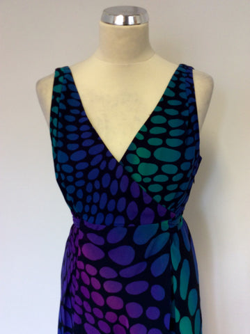 HOBBS PURPLES,PINK & GREENS SPOTTED SILK DRESS SIZE 14
