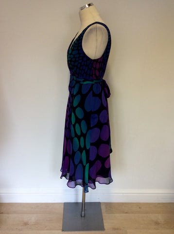 HOBBS PURPLES,PINK & GREENS SPOTTED SILK DRESS SIZE 14