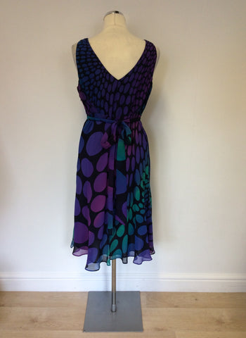 HOBBS PURPLES,PINK & GREENS SPOTTED SILK DRESS SIZE 14