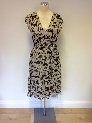HOBBS IVORY & DARK GREY PRINT SILK WRAP DRESS SIZE 10