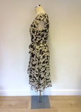 HOBBS IVORY & DARK GREY PRINT SILK WRAP DRESS SIZE 10