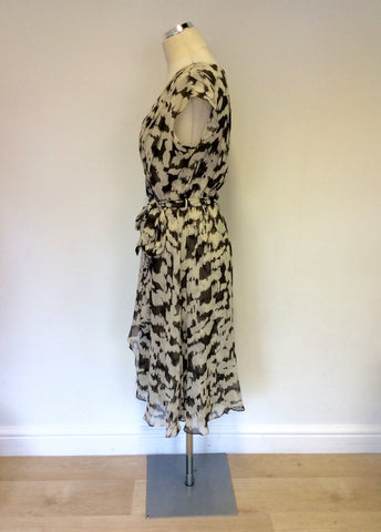HOBBS IVORY & DARK GREY PRINT SILK WRAP DRESS SIZE 10