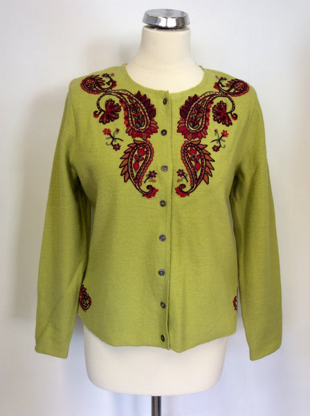 VIYELLA LIME GREEN & RED EMBROIDERED WOOL CARDIGAN SIZE M