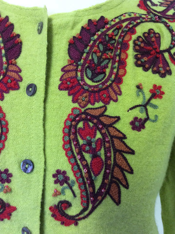 VIYELLA LIME GREEN & RED EMBROIDERED WOOL CARDIGAN SIZE M