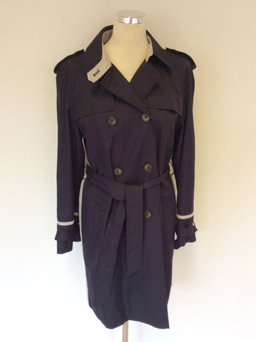 WHISTLES NAVY BLUE & LIGHT GREY TRIM TRENCH COAT/ MAC SIZE 12