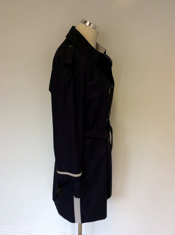 WHISTLES NAVY BLUE & LIGHT GREY TRIM TRENCH COAT/ MAC SIZE 12