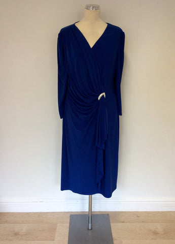 GINA BACCONI BLUE DIAMANTÉ TRIM V NECK WRAP DRESS SIZE 20