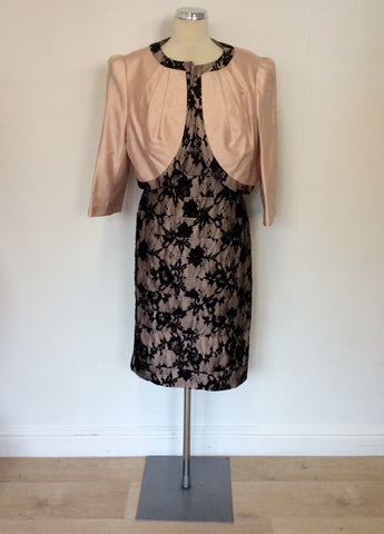 CONDICI LIGHT PINK SILK & BLACK LACE DRESS & JACKET SUIT SIZE 20