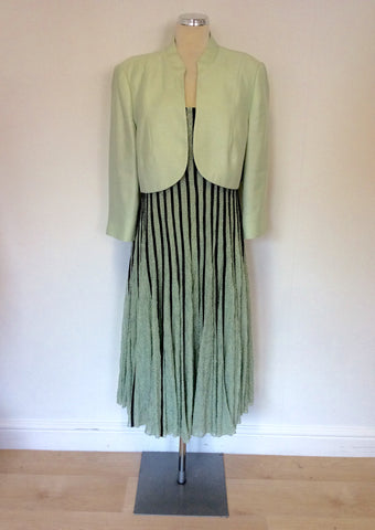 JACQUES VERT LIGHT GREEN & DARK GREY DRESS & BOLERO JACKET SIZE 20