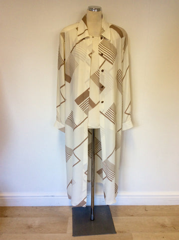 CAVIAR CREAM & LIGHT BROWN PRINT SLEEVELESS TOP & DUSTER COAT SIZE 20
