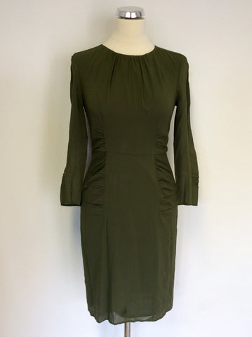 WHISTLES ARMY GREEN SILK PENCIL DRESS SIZE 8