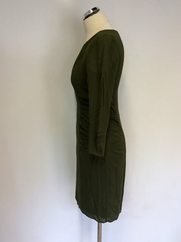 WHISTLES ARMY GREEN SILK PENCIL DRESS SIZE 8