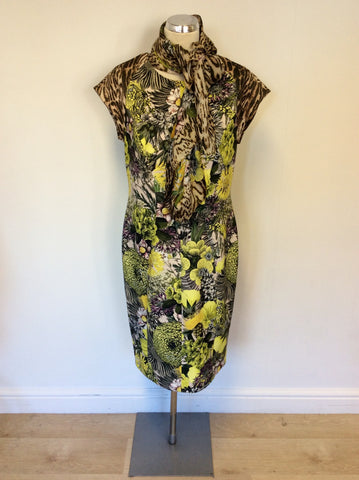 MARCCAIN FLORAL PRINT PENCIL DRESS & MATCHING SILK SCARF SIZE N5 UK 16