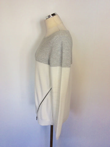 MINT VELVET LIGHT GREY & WHITE JUMPER AND LONG SLEEVELESS CARDIGAN SIZE 14