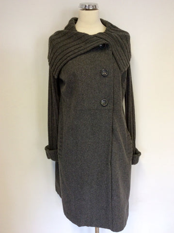 PHASE EIGHT GREY RIBBED KNIT COLLAR AND SLEEVE KNEE LENGTH COAT SIZE 14