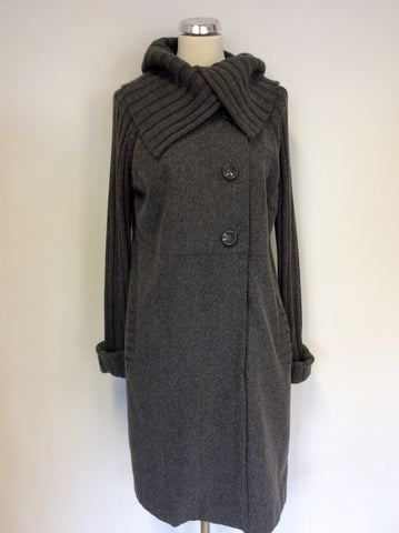 PHASE EIGHT GREY RIBBED KNIT COLLAR AND SLEEVE KNEE LENGTH COAT SIZE 14