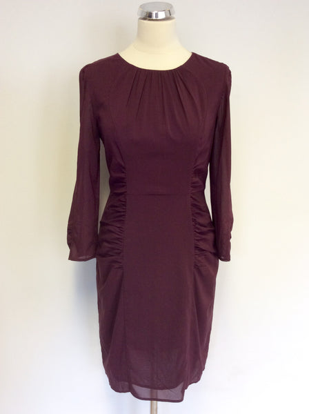 WHISTLES BURGUNDY SILK PENCIL DRESS SIZE 10