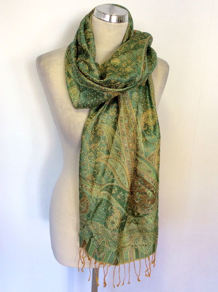 BRAND NEW KASHMIRI GREEN & GOLD SILK WRAP/SCARF
