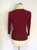 KAREN MILLEN DARK RED & GREY TRIM V NECK JUMPER SIZE 2 UK 10/12