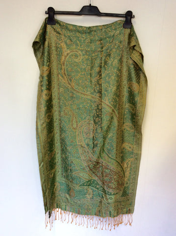 BRAND NEW KASHMIRI GREEN & GOLD SILK WRAP/SCARF