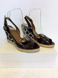 HOBBS BLACK PATENT & CANVAS PRINT WEDGE HEEL SANDALS SIZE 4/37