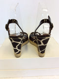 HOBBS BLACK PATENT & CANVAS PRINT WEDGE HEEL SANDALS SIZE 4/37