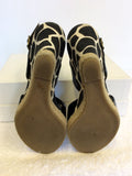 HOBBS BLACK PATENT & CANVAS PRINT WEDGE HEEL SANDALS SIZE 4/37