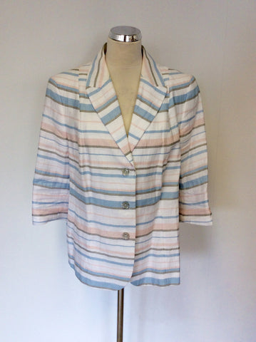 EUGEN KLEIN WHITE,PINK,BLUE & GREEN STRIPED LINEN BLEND JACKET SIZE 18