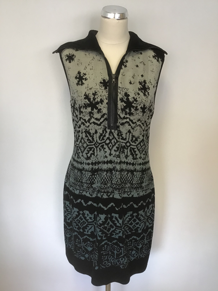 MARCCAIN SPORTS  ZIP NECK AZTEC DESIGN  WOOL FRONT STRETCH PENCIL DRESS SIZE N5 UK 16