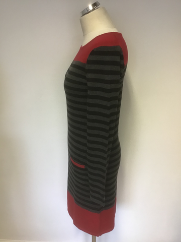 HOBBS RED WITH GREY & BLACK STRIPE LONG SLEEVE KNIT DRESS SIZE M