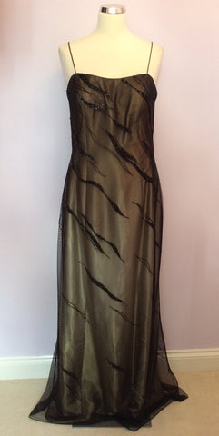 Bronze & Black Beaded Net Overlay Long Evening Dress Size 14 - Whispers Dress Agency - Womens Dresses - 1