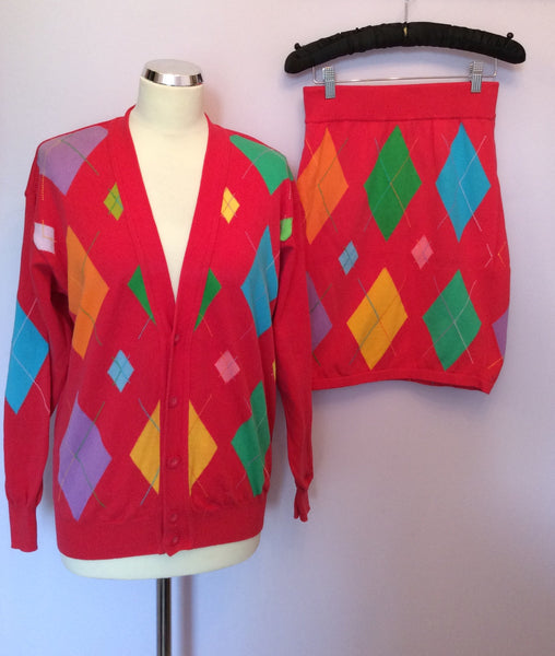 Vintage United Colours Of Benetton Coral Argyll Design Cardigan & Skirt Suit Size S - Whispers Dress Agency - Sold - 1